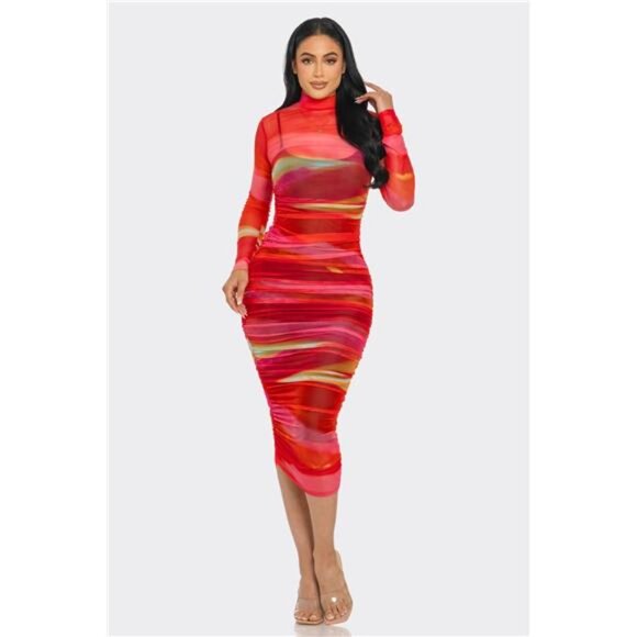 Glitch Print Mesh Ruched Midi Dress - Picture 1 of 4